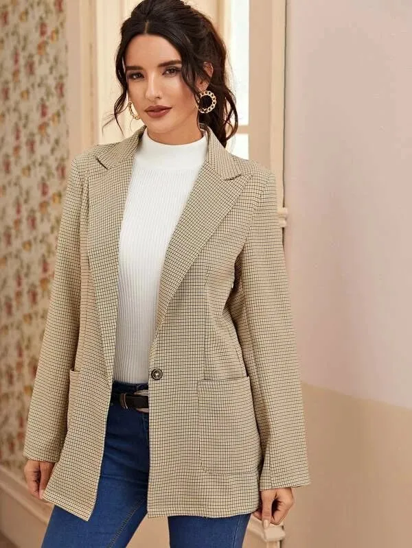 CM-CS119323 Women Elegant Seoul Style Long Sleeve Plaid Lapel Neck Dual Pocket Blazer - Khaki