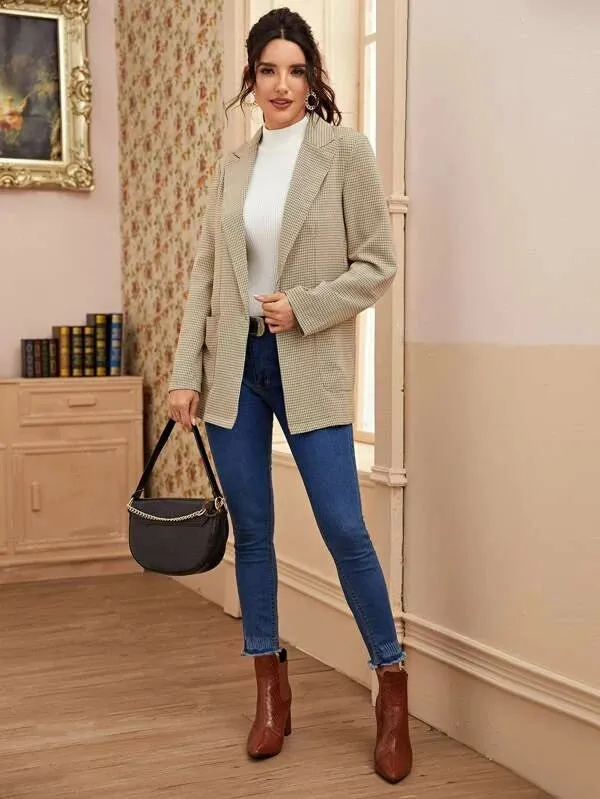 CM-CS119323 Women Elegant Seoul Style Long Sleeve Plaid Lapel Neck Dual Pocket Blazer - Khaki