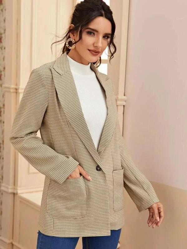 CM-CS119323 Women Elegant Seoul Style Long Sleeve Plaid Lapel Neck Dual Pocket Blazer - Khaki