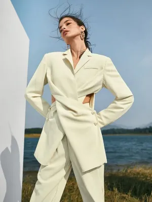 CM-CS119705 Women Elegant Seoul Style Notched Collar Twist Front Buttoned Blazer - Beige
