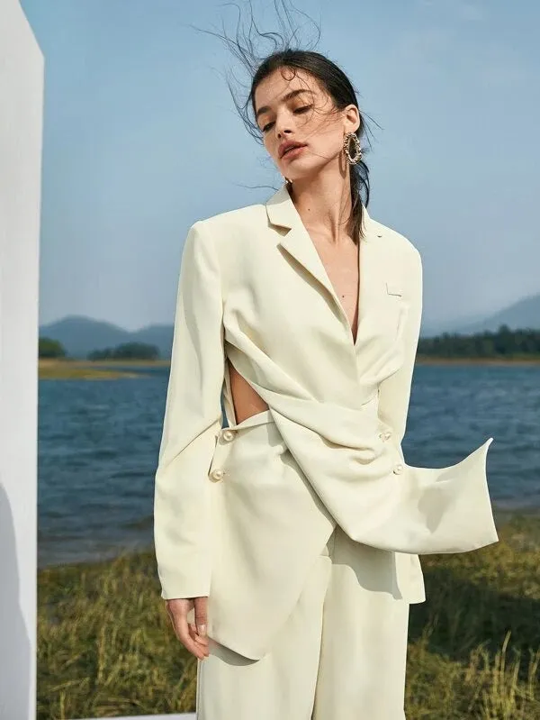 CM-CS119705 Women Elegant Seoul Style Notched Collar Twist Front Buttoned Blazer - Beige