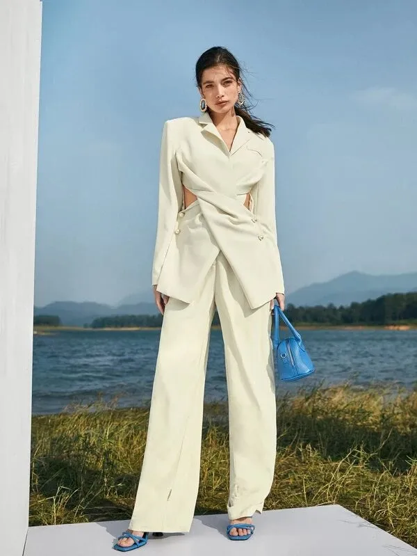 CM-CS119705 Women Elegant Seoul Style Notched Collar Twist Front Buttoned Blazer - Beige