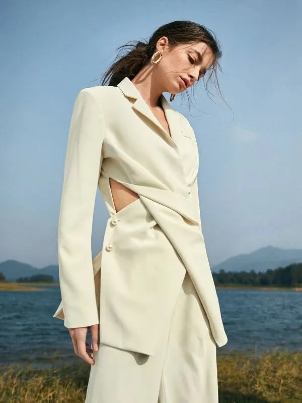 CM-CS119705 Women Elegant Seoul Style Notched Collar Twist Front Buttoned Blazer - Beige