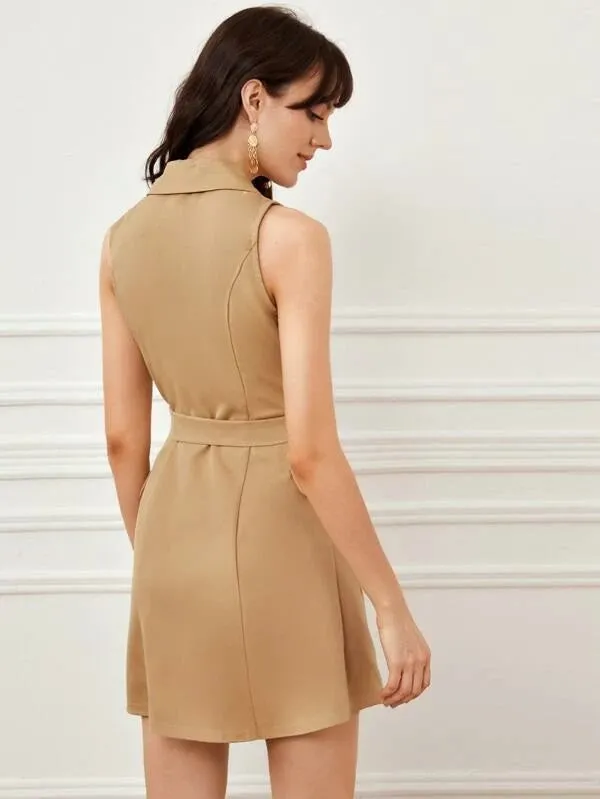 CM-CS202811 Women Elegant Seoul Style Lapel Collar Belted Sleeveless Blazer Dress - Khaki