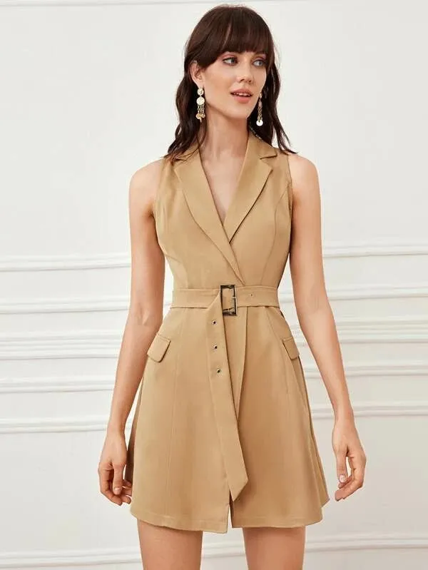 CM-CS202811 Women Elegant Seoul Style Lapel Collar Belted Sleeveless Blazer Dress - Khaki