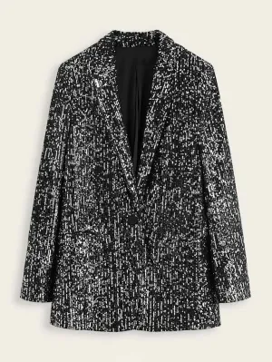 CM-CS212136 Women Elegant Seoul Style Long Sleeve Sequins Single Button Lapel Blazer - Black