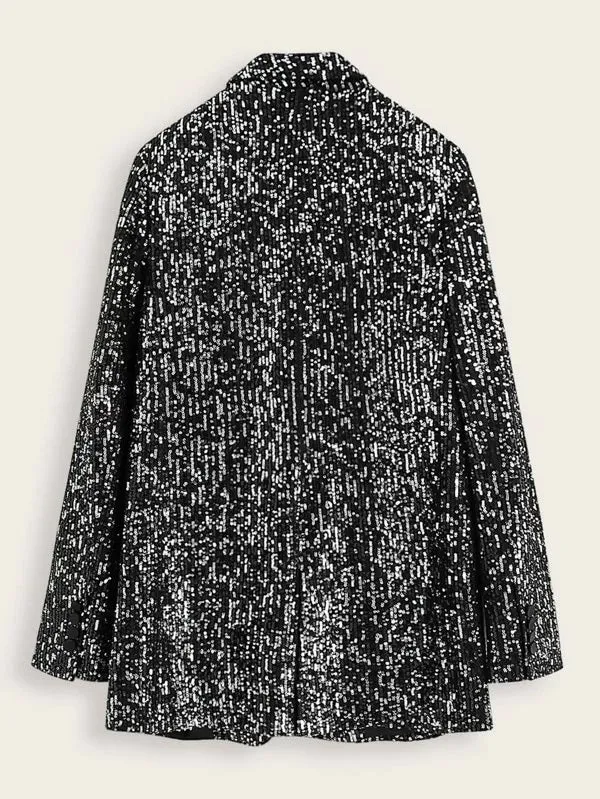 CM-CS212136 Women Elegant Seoul Style Long Sleeve Sequins Single Button Lapel Blazer - Black