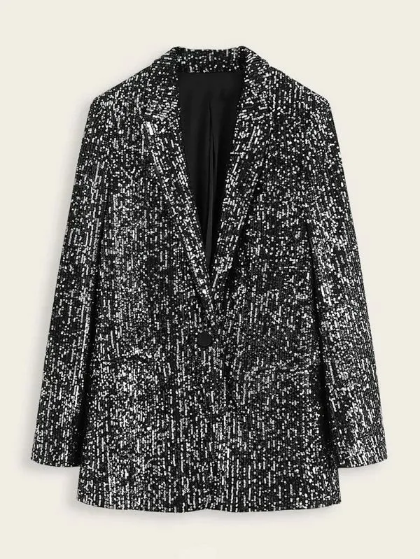 CM-CS212136 Women Elegant Seoul Style Long Sleeve Sequins Single Button Lapel Blazer - Black