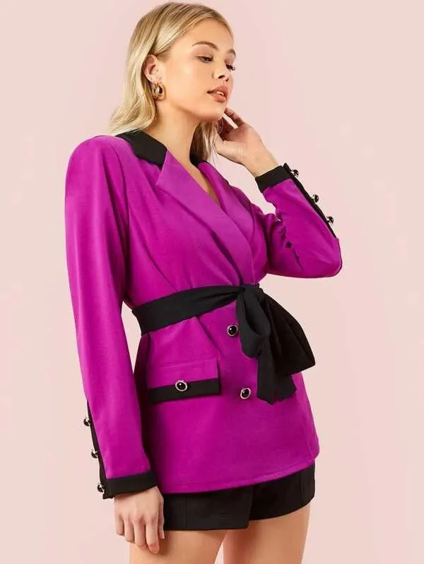 CM-CS218316 Women Elegant Seoul Style Notched Collar Buttoned Cuff Belted Blazer - Purple