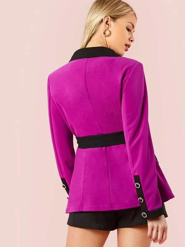 CM-CS218316 Women Elegant Seoul Style Notched Collar Buttoned Cuff Belted Blazer - Purple