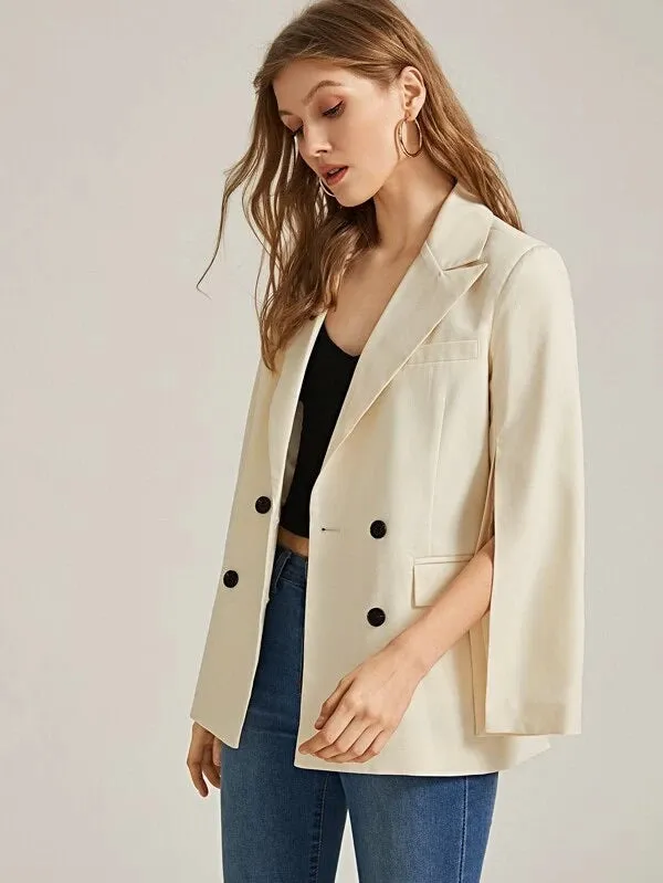 CM-CS225413 Women Elegant Seoul Style Double-Breasted Cloak Sleeve Blazer - Beige