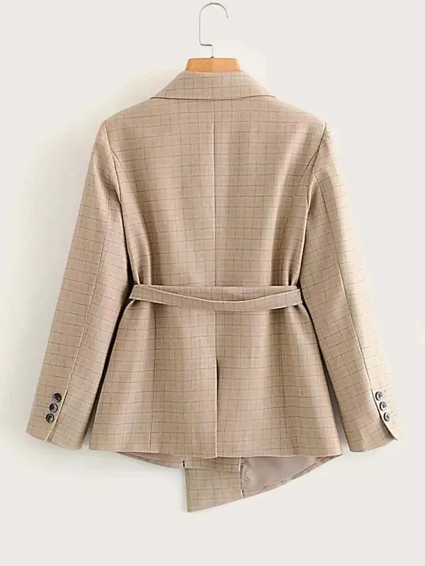 CM-CS226092 Women Elegant Seoul Style Belted Double Pocket Asymmetrical Hem Blazer - Khaki
