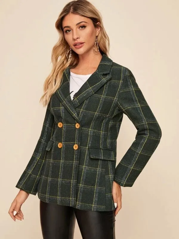 CM-CS230217 Women Elegant Seoul Style Plaid Lapel Neck Double Button Blazer - Green