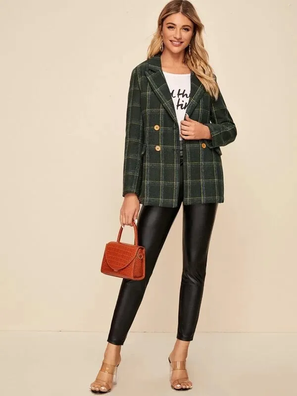 CM-CS230217 Women Elegant Seoul Style Plaid Lapel Neck Double Button Blazer - Green