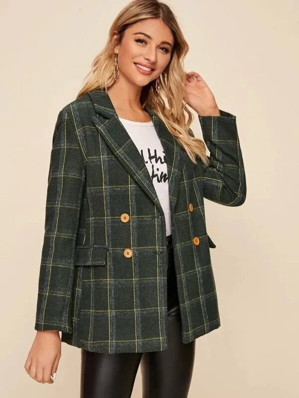 CM-CS230217 Women Elegant Seoul Style Plaid Lapel Neck Double Button Blazer - Green