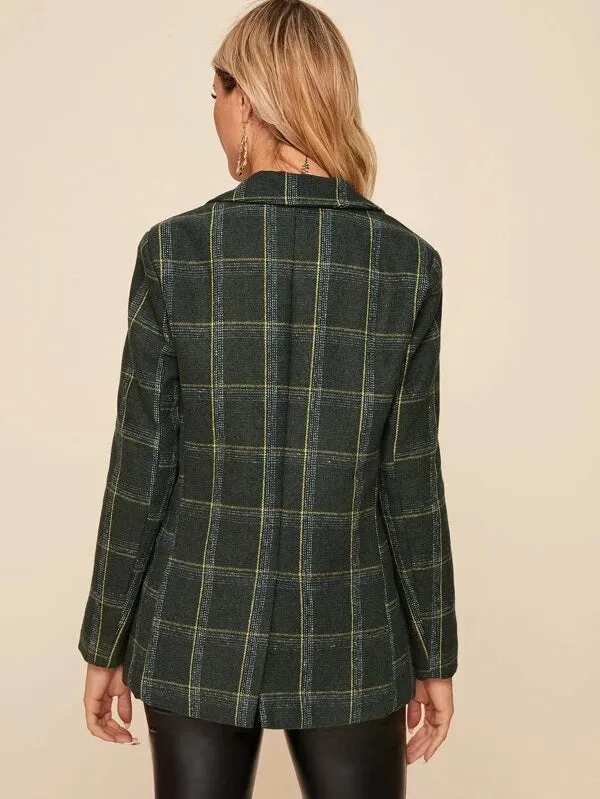 CM-CS230217 Women Elegant Seoul Style Plaid Lapel Neck Double Button Blazer - Green