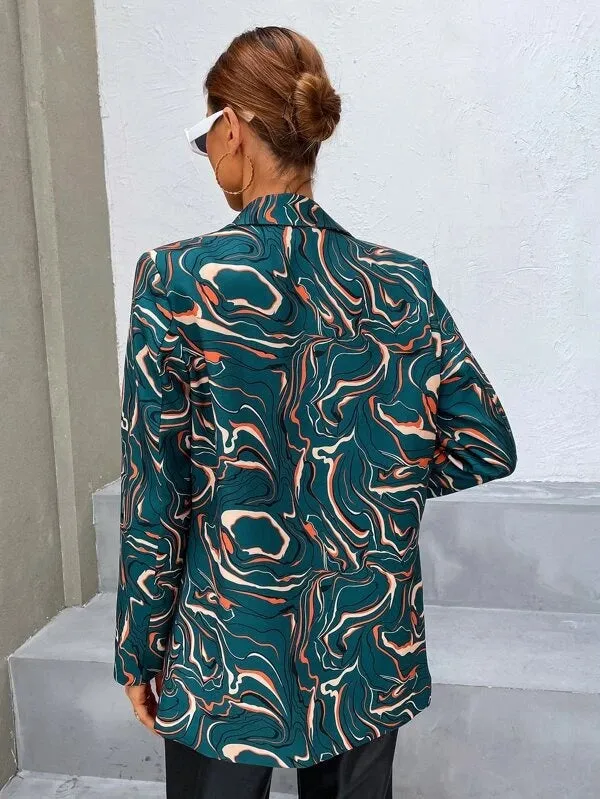 CM-CS247818 Women Elegant Seoul Style Long Sleeve Allover Print Lapel Neck Blazer