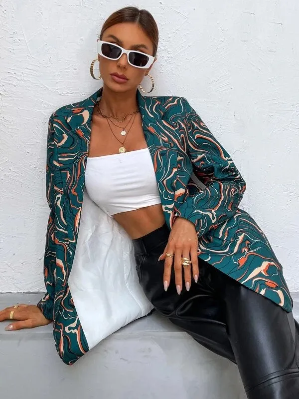 CM-CS247818 Women Elegant Seoul Style Long Sleeve Allover Print Lapel Neck Blazer