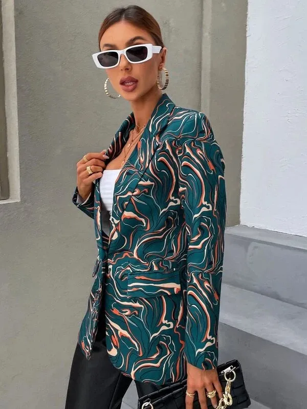 CM-CS247818 Women Elegant Seoul Style Long Sleeve Allover Print Lapel Neck Blazer