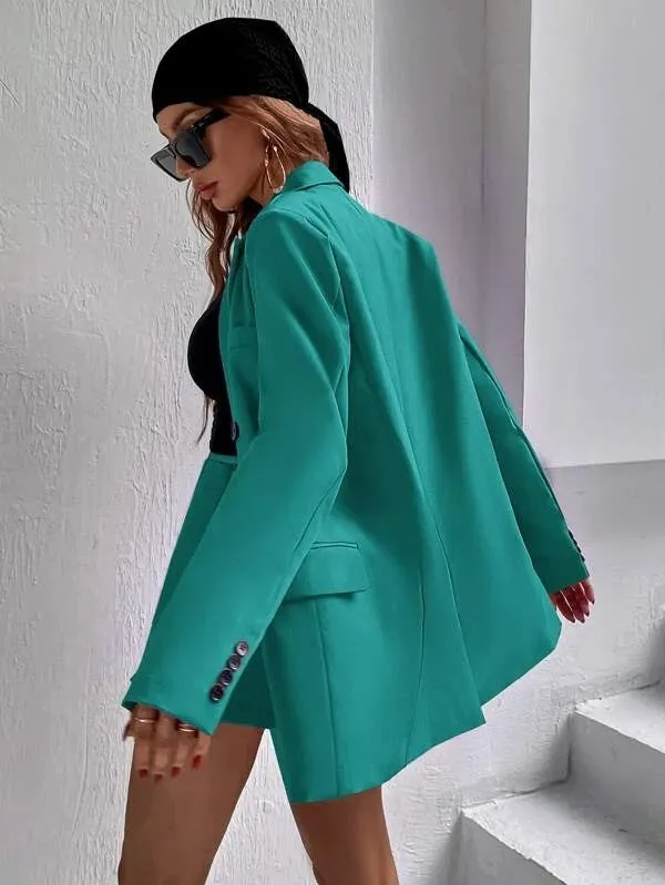 CM-CS255539 Women Elegant Seoul Style Flap Detail Double Breasted Lapel Neck Blazer - Cadet Blue