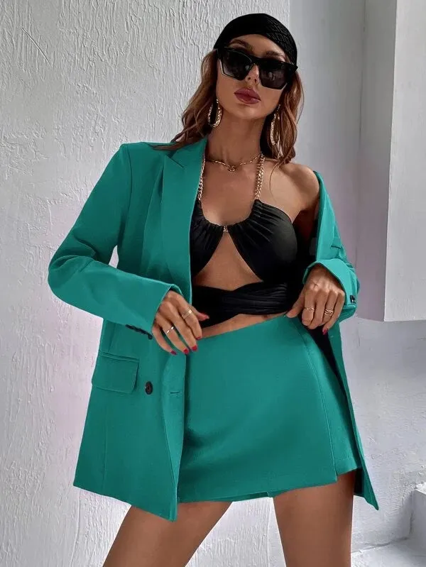 CM-CS255539 Women Elegant Seoul Style Flap Detail Double Breasted Lapel Neck Blazer - Cadet Blue