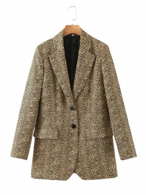 CM-CS513448 Women Elegant Seoul Style Long Sleeve Lapel Neck Zebra Striped Blazer