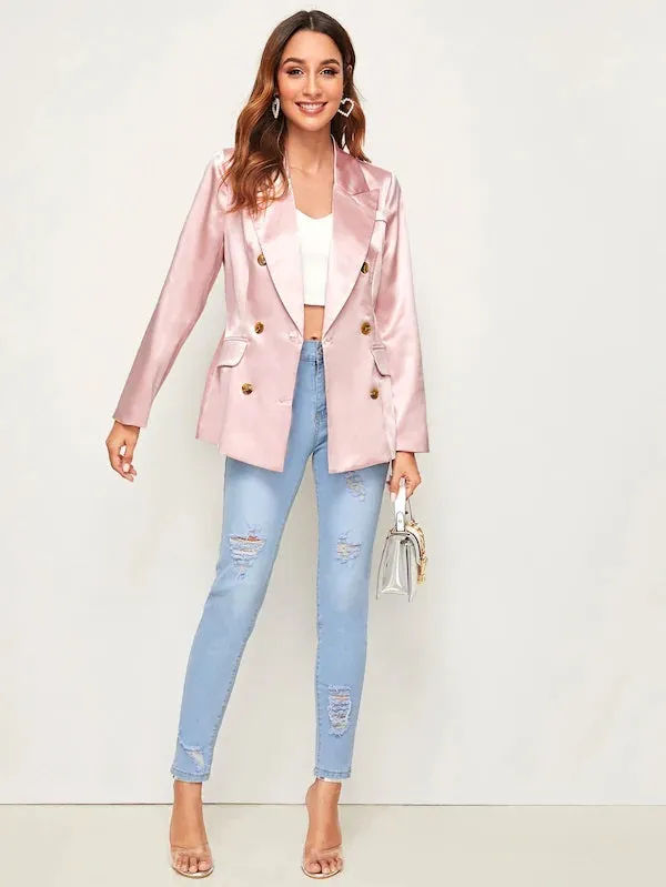 CM-CS619924 Women Elegant Seoul Style Long Sleeve Double Button Pocket Satin Blazer - Pink