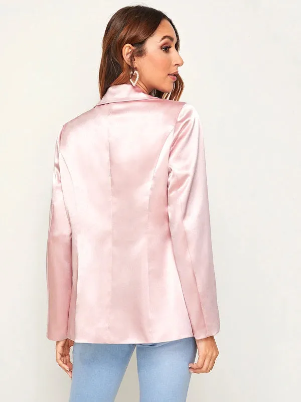 CM-CS619924 Women Elegant Seoul Style Long Sleeve Double Button Pocket Satin Blazer - Pink