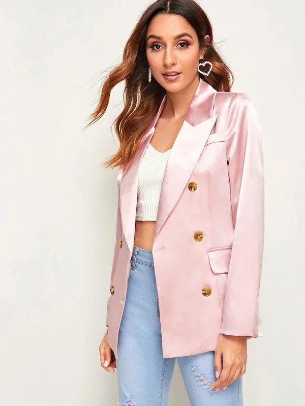CM-CS619924 Women Elegant Seoul Style Long Sleeve Double Button Pocket Satin Blazer - Pink
