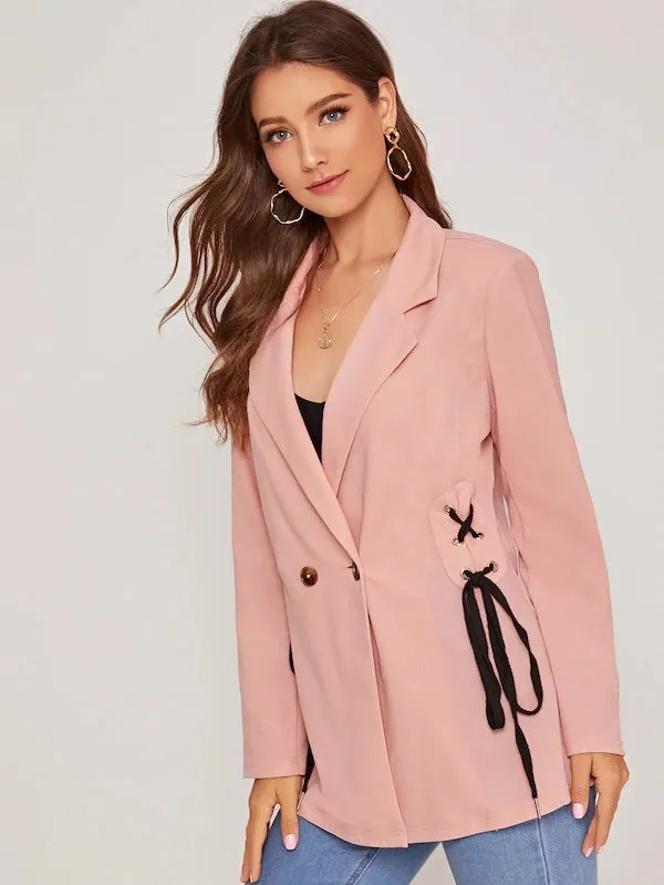 CM-CS712965 Women Elegant Seoul Style Long Sleeve Lace Up Double Buttoned Blazer - Pink