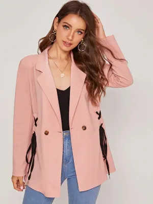 CM-CS712965 Women Elegant Seoul Style Long Sleeve Lace Up Double Buttoned Blazer - Pink