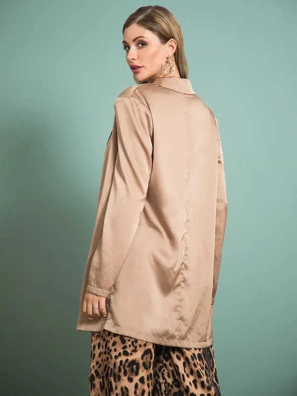 CM-CS801940 Women Elegant Seoul Style Long Sleeve Solid Open Front Satin Blazer - Brown