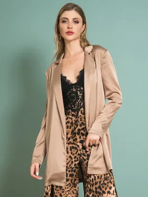 CM-CS801940 Women Elegant Seoul Style Long Sleeve Solid Open Front Satin Blazer - Brown