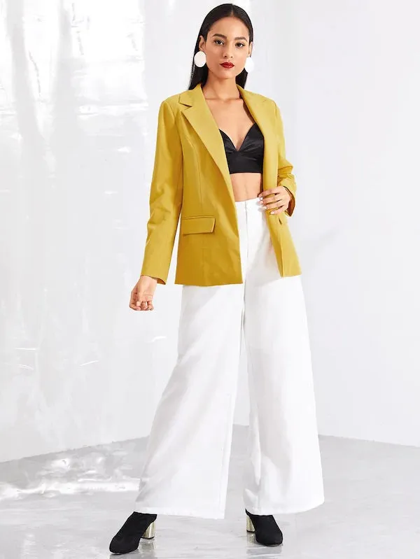 CM-CS802704 Women Elegant European Style Notched Collar Belted Solid Blazer - Yellow