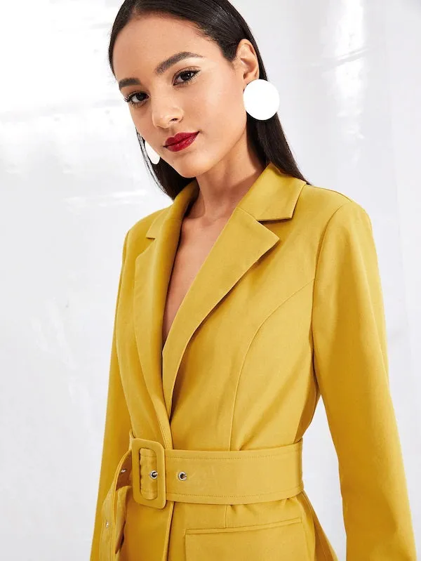 CM-CS802704 Women Elegant European Style Notched Collar Belted Solid Blazer - Yellow
