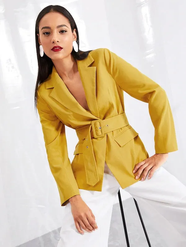CM-CS802704 Women Elegant European Style Notched Collar Belted Solid Blazer - Yellow
