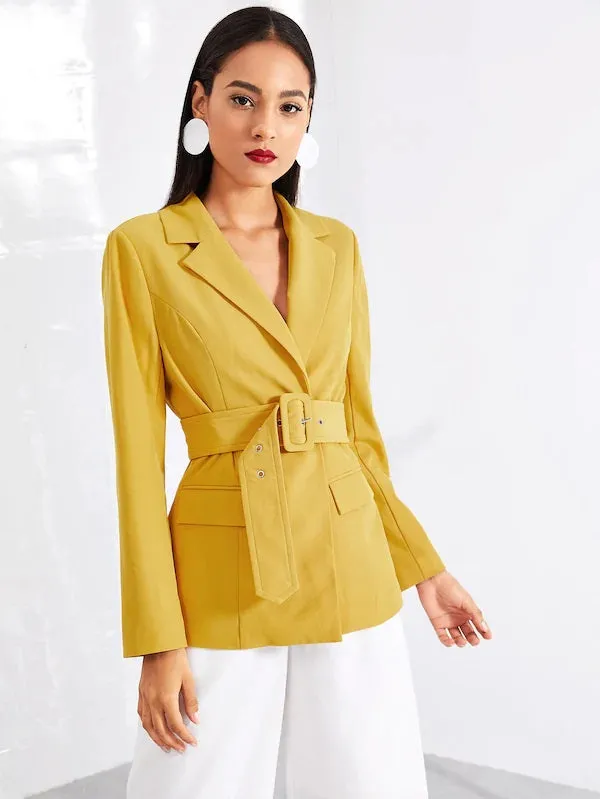 CM-CS802704 Women Elegant European Style Notched Collar Belted Solid Blazer - Yellow