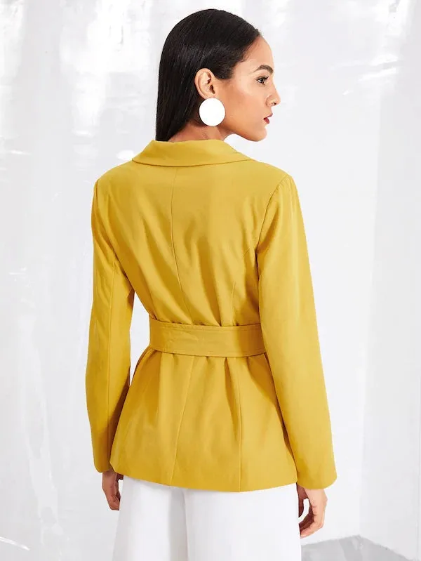 CM-CS802704 Women Elegant European Style Notched Collar Belted Solid Blazer - Yellow