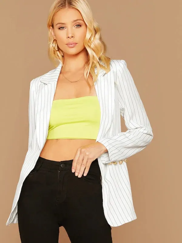 CM-CS828068 Women Elegant Seoul Style Notched Collar Buttoned Cuff Striped Blazer - White