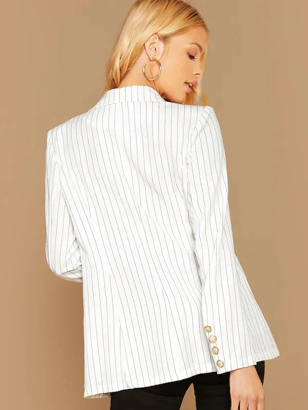 CM-CS828068 Women Elegant Seoul Style Notched Collar Buttoned Cuff Striped Blazer - White
