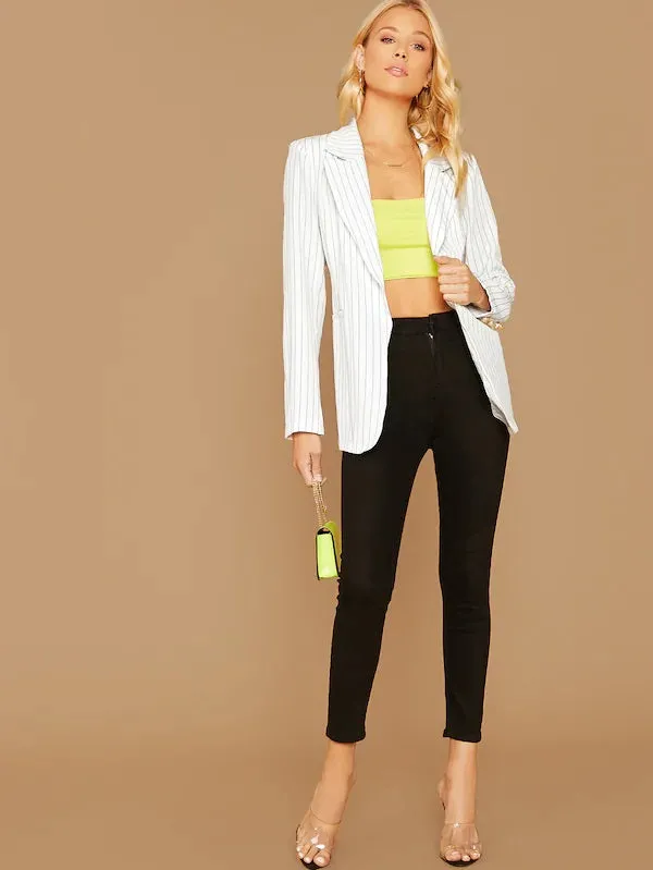 CM-CS828068 Women Elegant Seoul Style Notched Collar Buttoned Cuff Striped Blazer - White