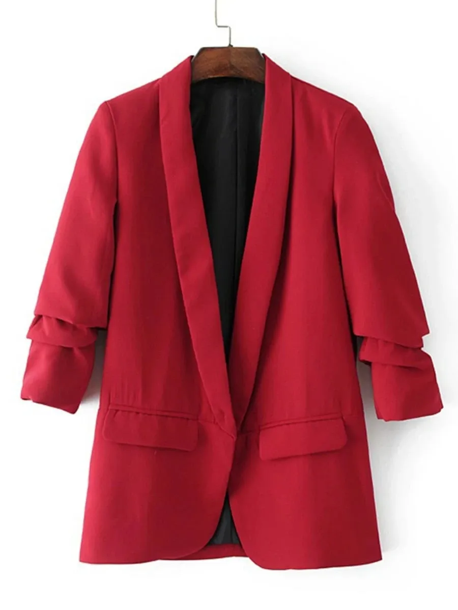 CM-CS907201 Women Elegant Seoul Style Ruched Sleeve Shawl Collar Tailored Blazer - Wine Red