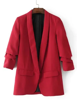 CM-CS907201 Women Elegant Seoul Style Ruched Sleeve Shawl Collar Tailored Blazer - Wine Red