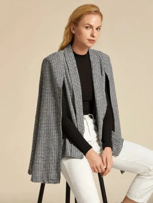 CM-CS923987 Women Elegant European Style Shawl Collar Houndstooth Cape Blazer - Black