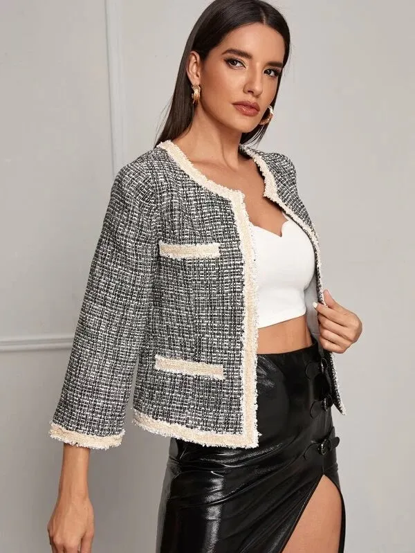 CM-CS927254 Women Elegant European Style Contrast Frayed Trim Plaid Tweed Jacket - Black