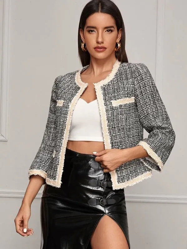 CM-CS927254 Women Elegant European Style Contrast Frayed Trim Plaid Tweed Jacket - Black