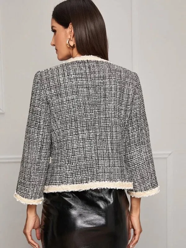 CM-CS927254 Women Elegant European Style Contrast Frayed Trim Plaid Tweed Jacket - Black