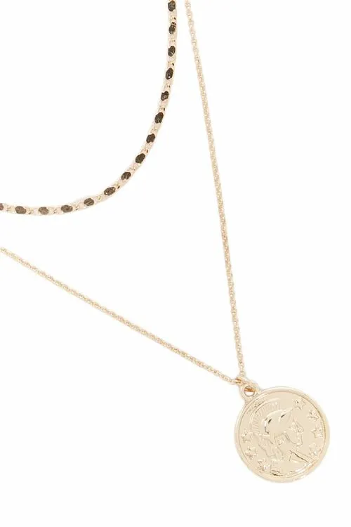 Coin Pendant Layered Necklace 17" Gold Brass Tone