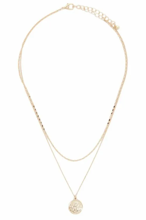 Coin Pendant Layered Necklace 17" Gold Brass Tone