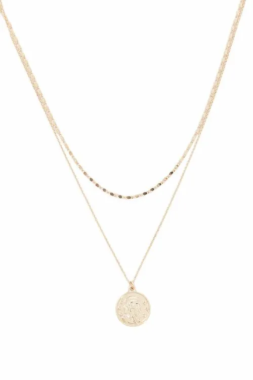 Coin Pendant Layered Necklace 17" Gold Brass Tone